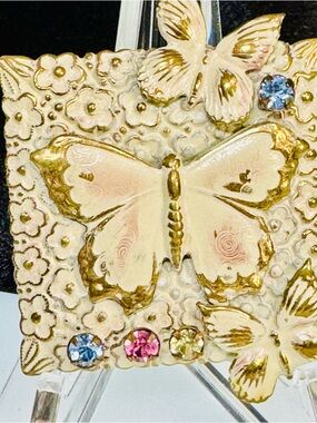 Vintage-Inspired Butterfly Brooch with Pastel Enamel & Rhinestones